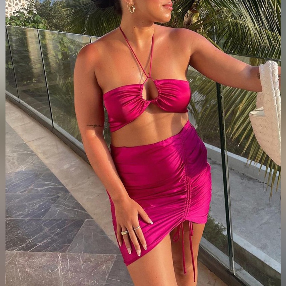 12th Tribe St. Barths Fuchsia Satin Mini Skirt and Crop Top Set